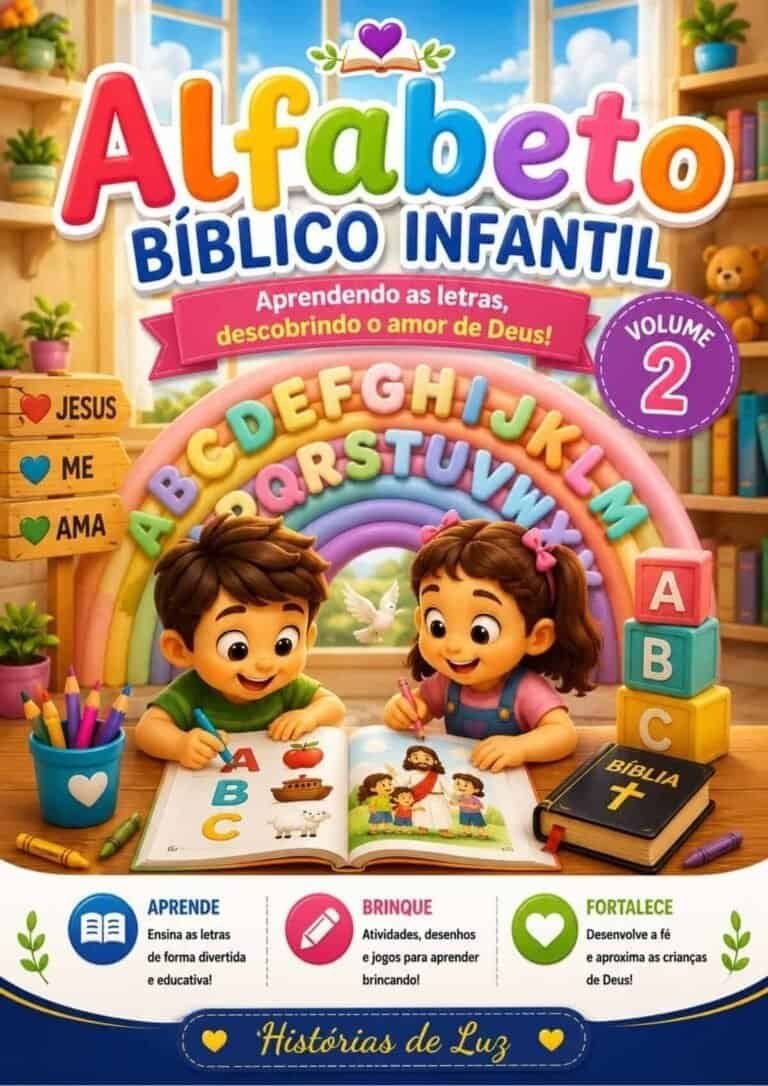 Alfabetos bíblicos infantis para aprender letras e amor de Deus de forma divertida.