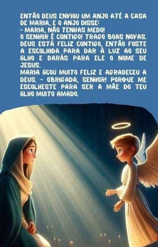 Anjo com asas douradas e halo brilhante ao lado de Maria, na cena de oração e gratidão.