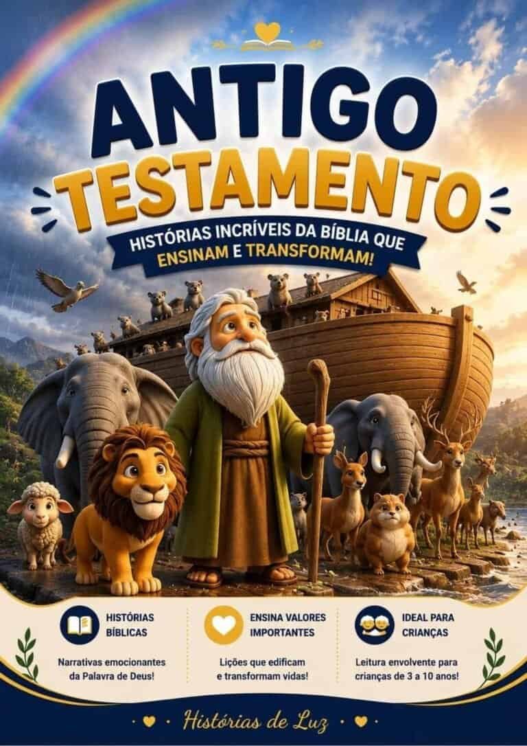 Árvore de texto: Antigo Testamento com personagens bíblicos e animais, cenário de barco e céu ao pôr.