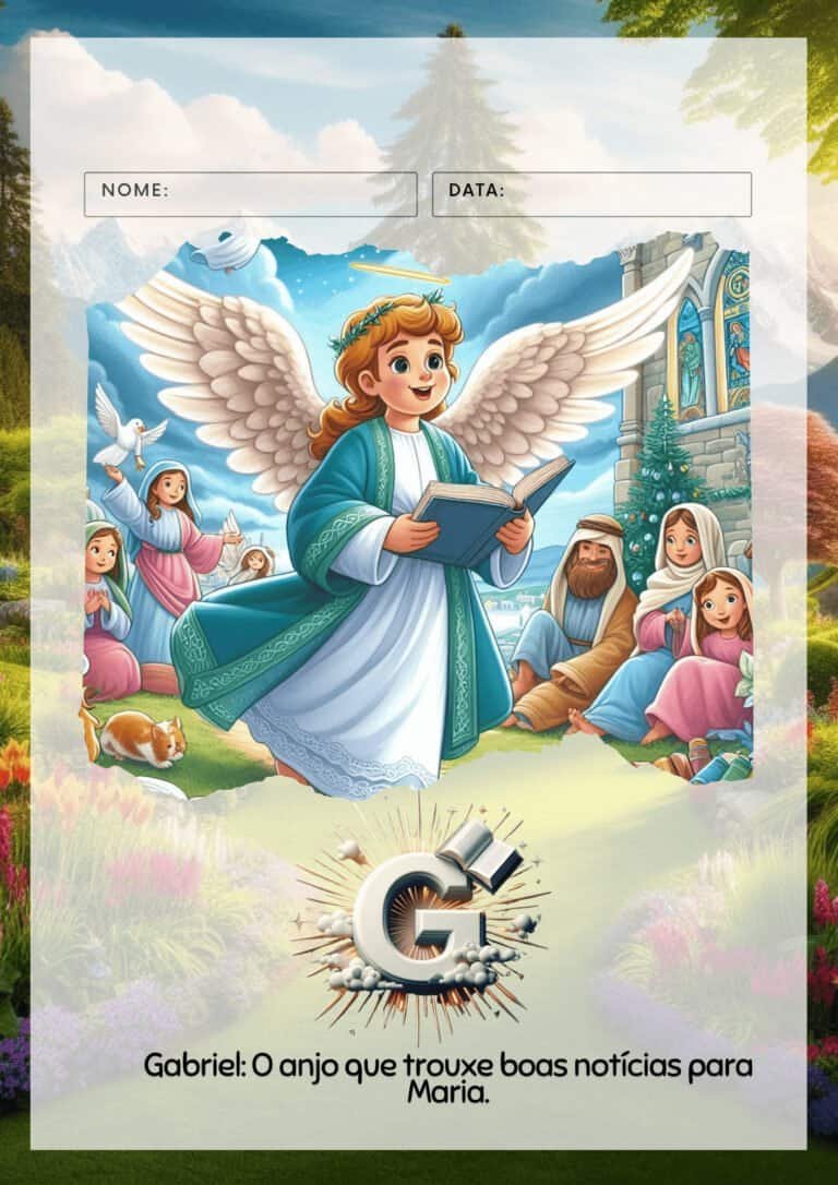 Anjo com asas lendo uma mensagem de boas notícias para Maria ao ar livre.
