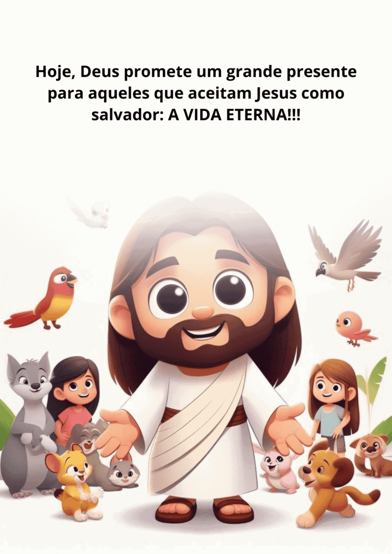 Jesus com animais fofos e crianças, mensagem de esperança e fé cristã.