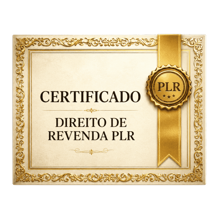 Certificado de direito de revenda PLR em destaque com design elegante dourado e detalhes ornamentais.