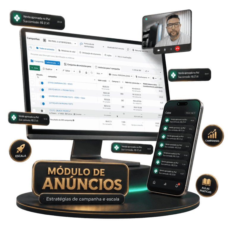 Anúncios de campanha no computador e celular com destaque para aprovação e resultados.