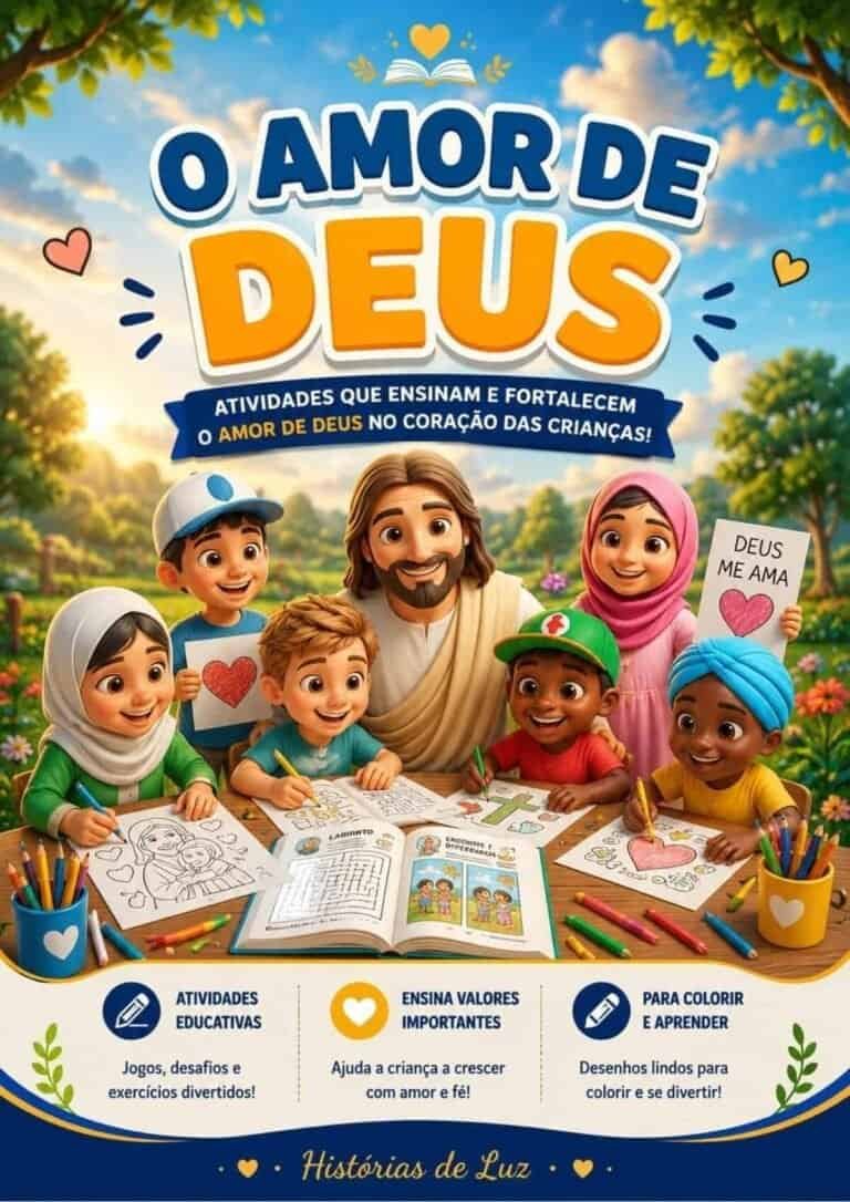 O amor de Deus ensina e fortalece as crianças com atividades educativas e para colorir.