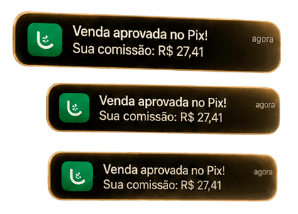 Venda aprovada no Pix com comissão de R$ 27,41, notificação de pagamento digital.