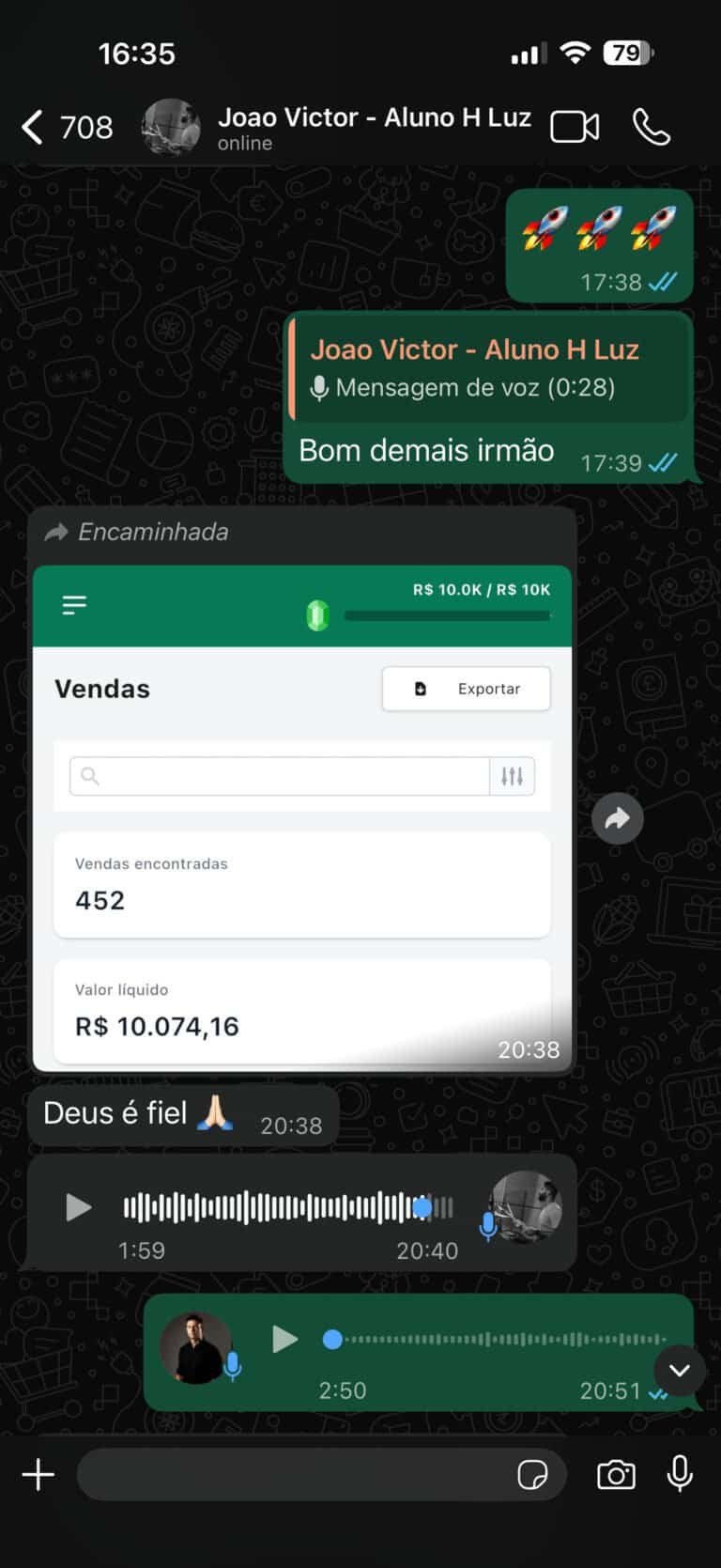 Imagem de uma conversa de WhatsApp com detalhes de vendas e áudio.
